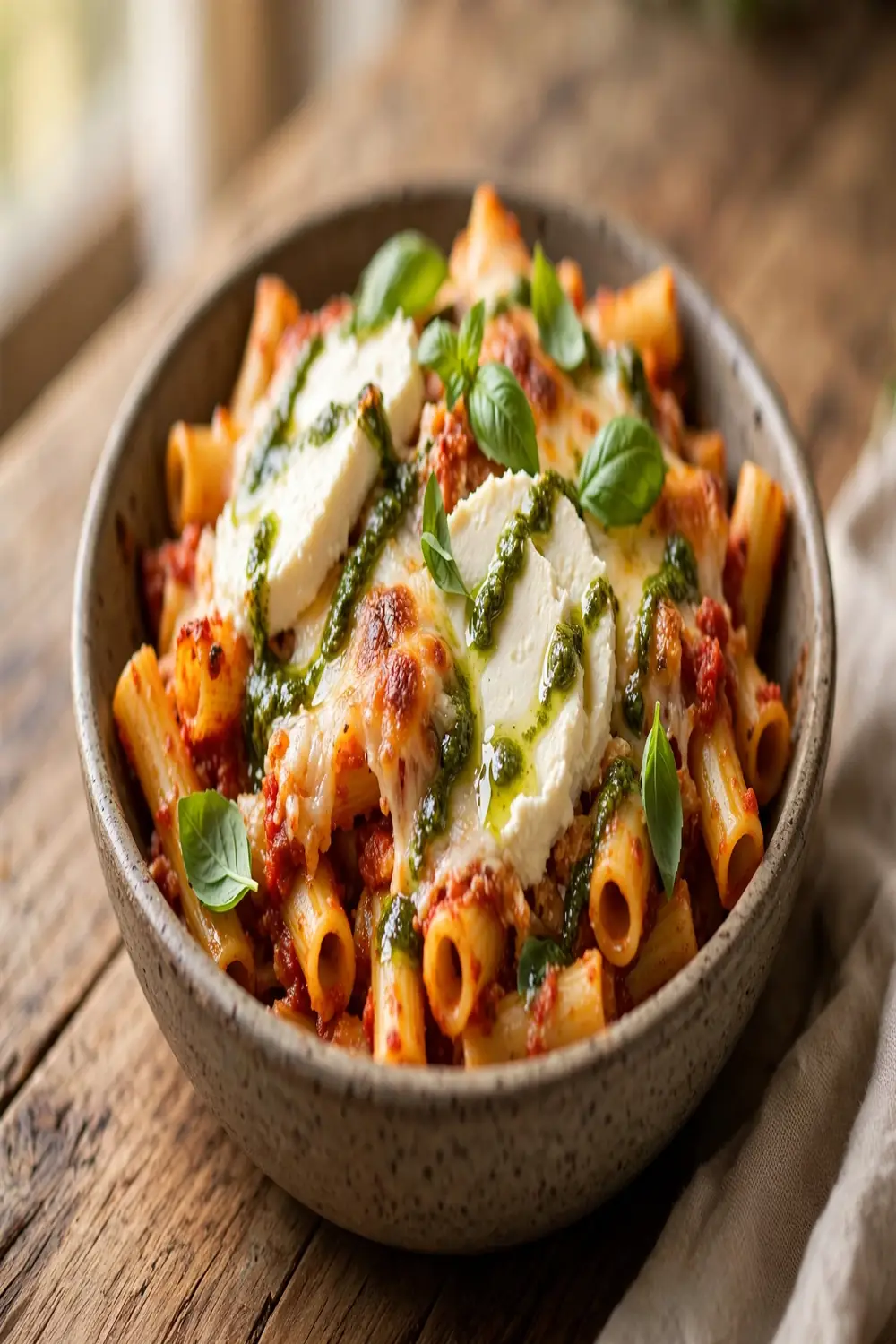 Leftover tube pasta bake slices served in a bowl with fresh toppings