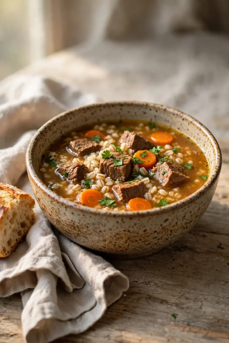 Hearty beef and barley soup with carrots in a rustic bowl