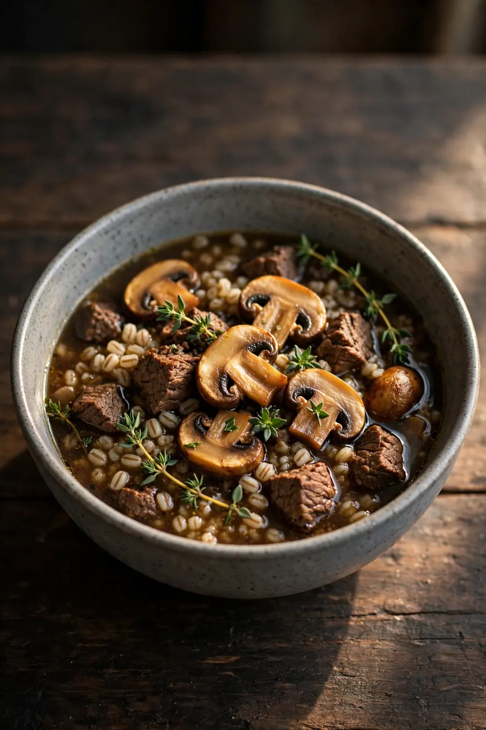 Beef and barley soup with mushrooms in a rich broth