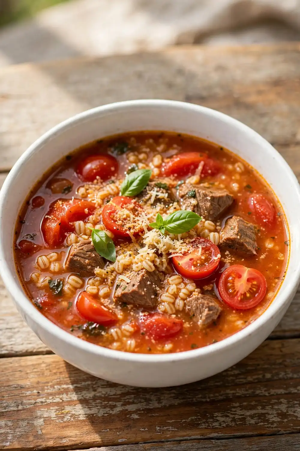 Beef and barley soup with tomatoes and fresh basil