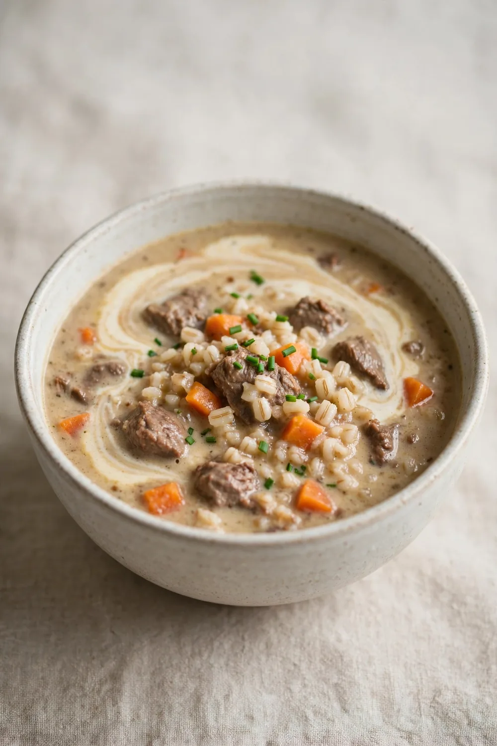 Creamy beef and barley soup with a swirl of cream