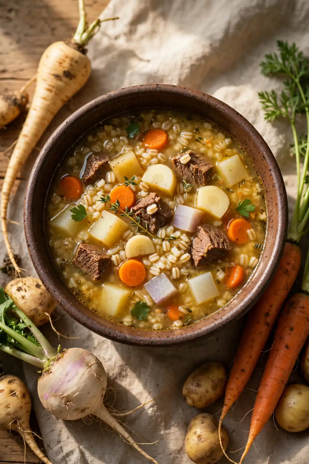 Beef and barley soup loaded with root vegetables