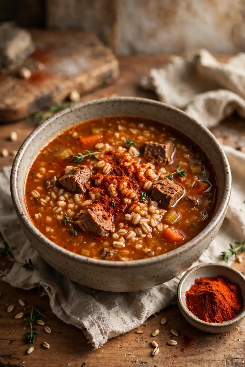 Smoky paprika beef and barley soup in a rustic pot