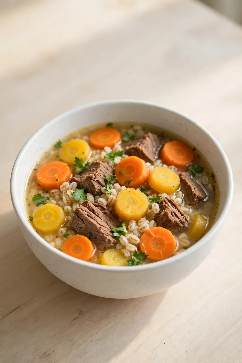 Beef and barley soup with golden carrots and parsley