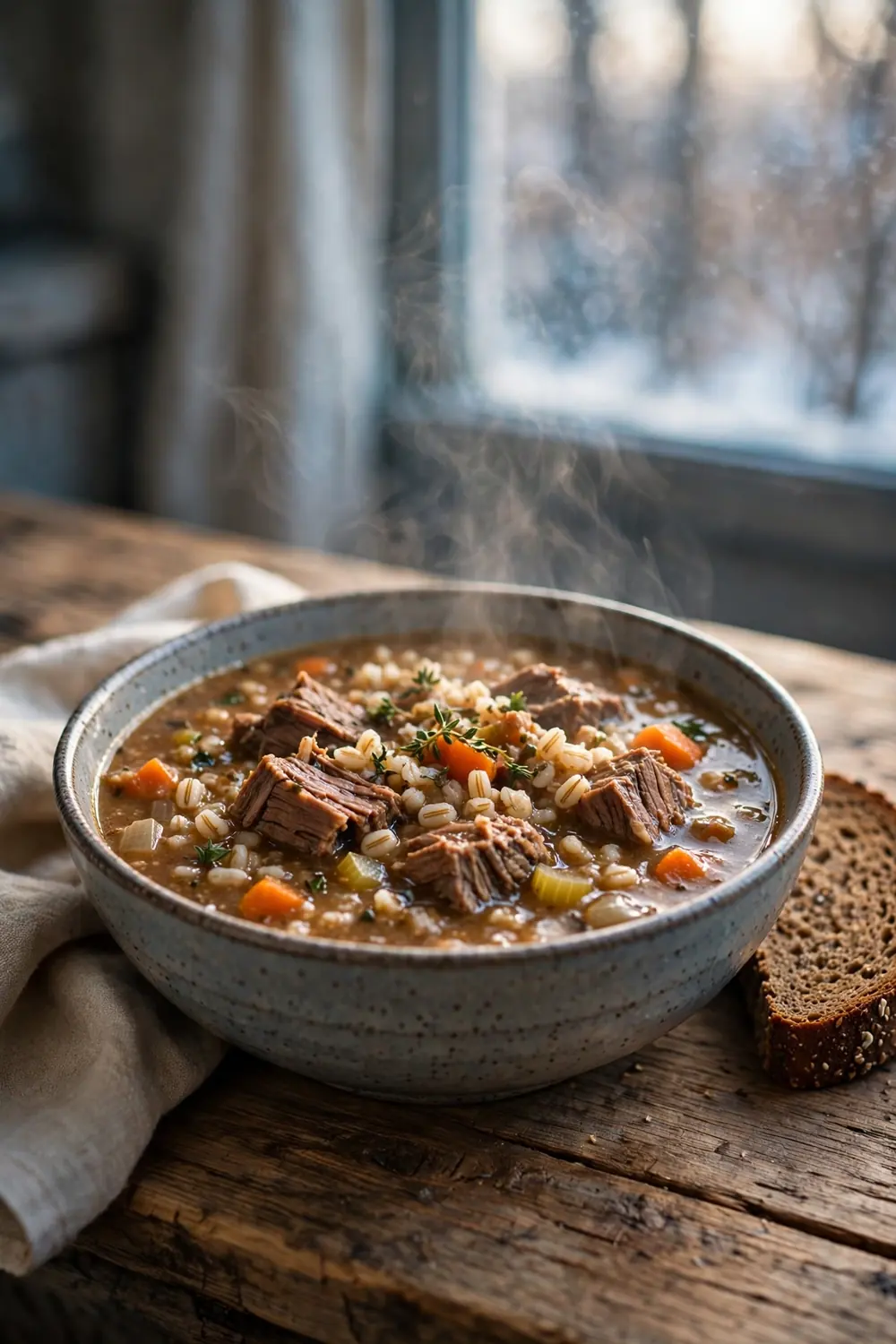 Hearty winter beef and barley soup with crusty bread
