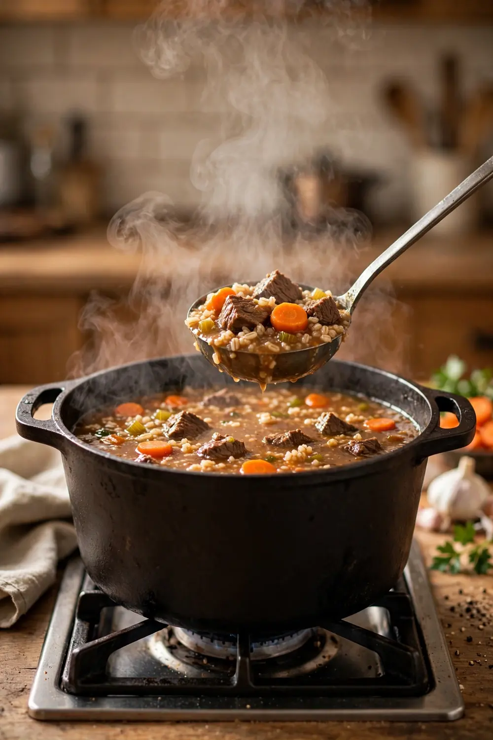 One pot beef and barley soup simmering on the stove