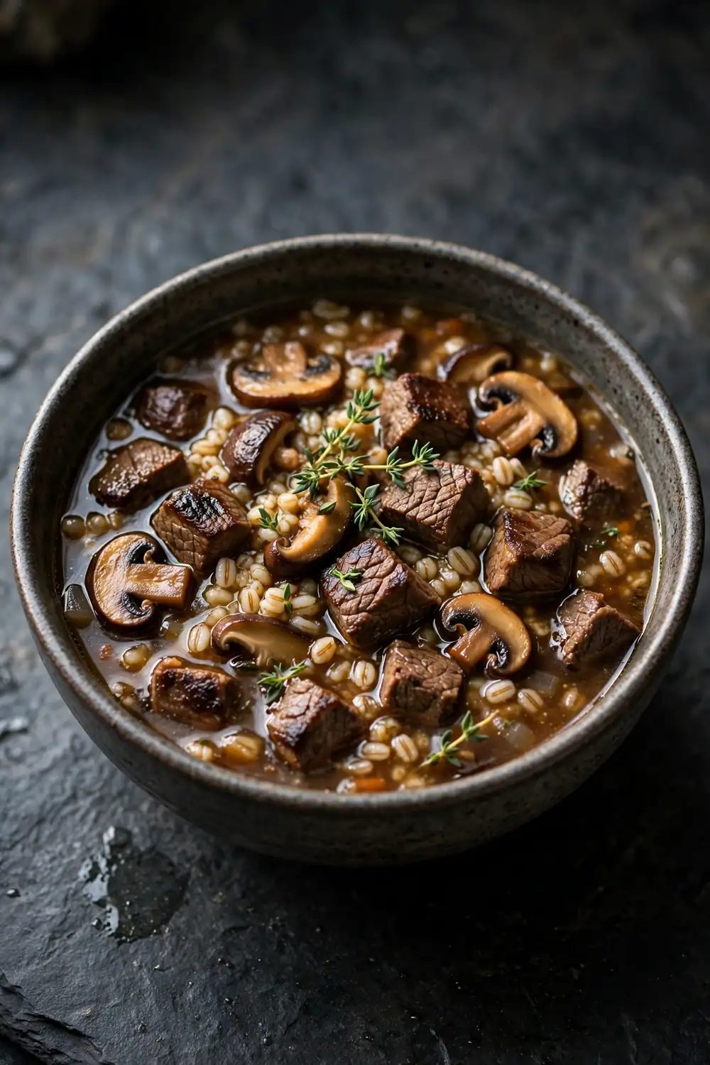 Beef and barley soup with mushrooms and thyme
