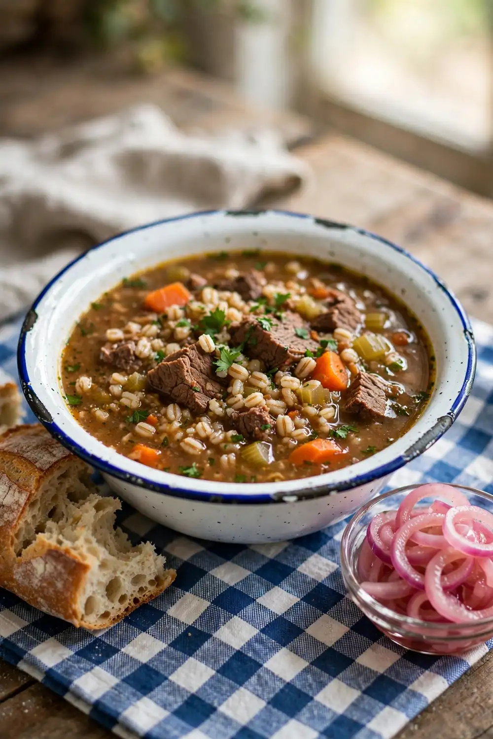 Farmhouse style beef and barley soup with chunky beef