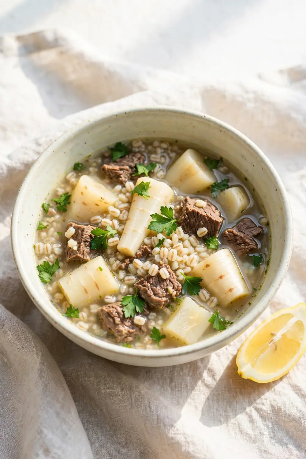 Beef and barley soup with parsnips and fresh parsley