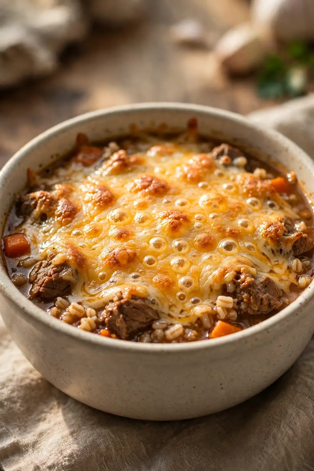 Beef and barley soup with a melted cheese topping