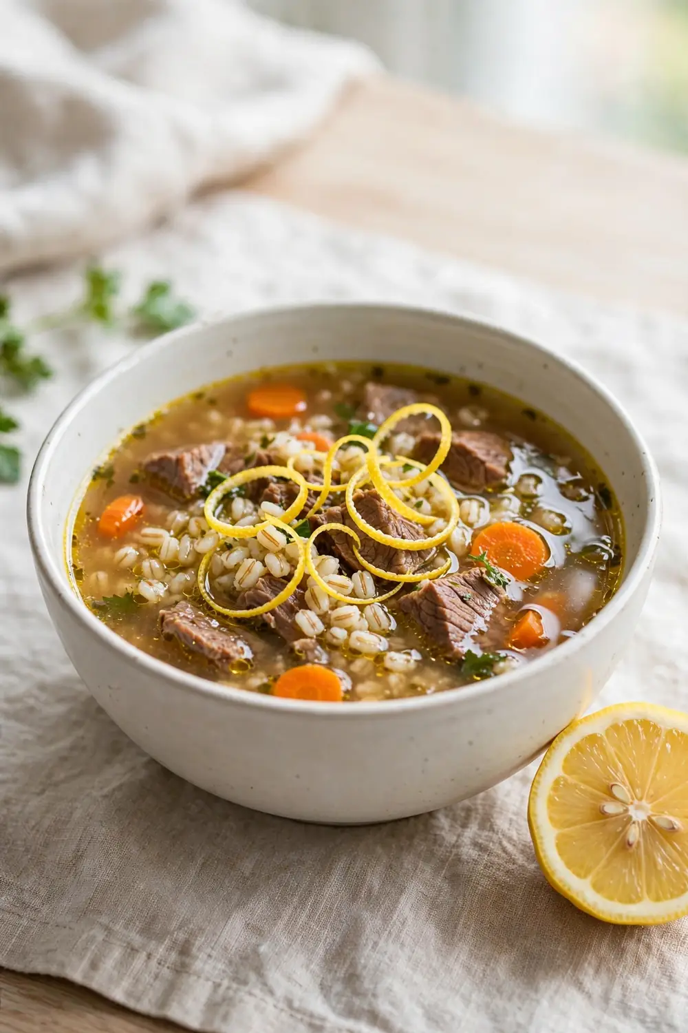 Beef and barley soup finished with lemon zest