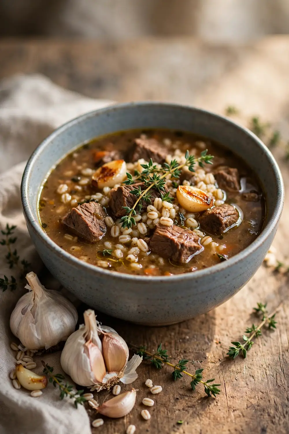 Beef and barley soup with thyme and garlic aroma