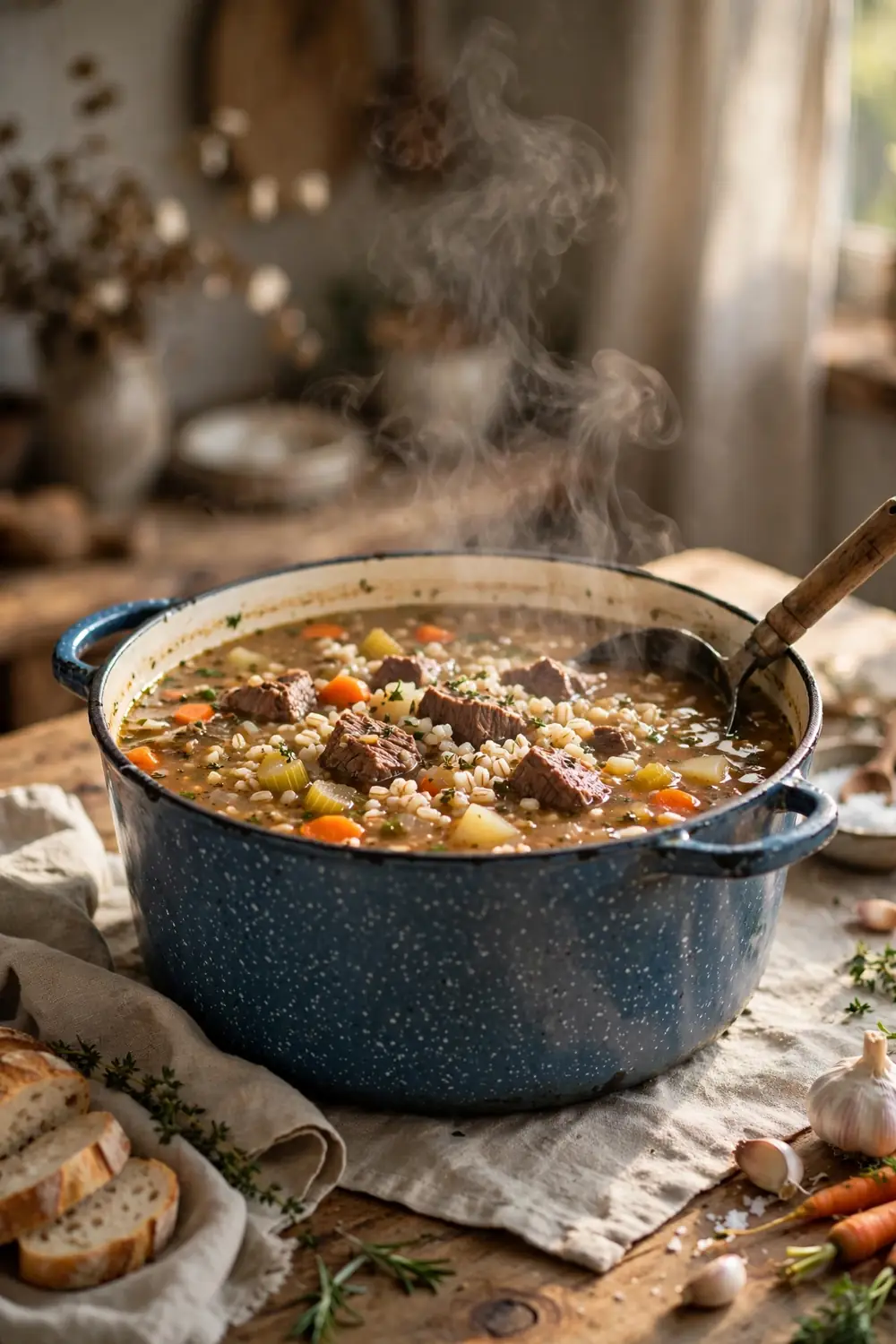 Sunday pot of beef and barley soup with vegetables
