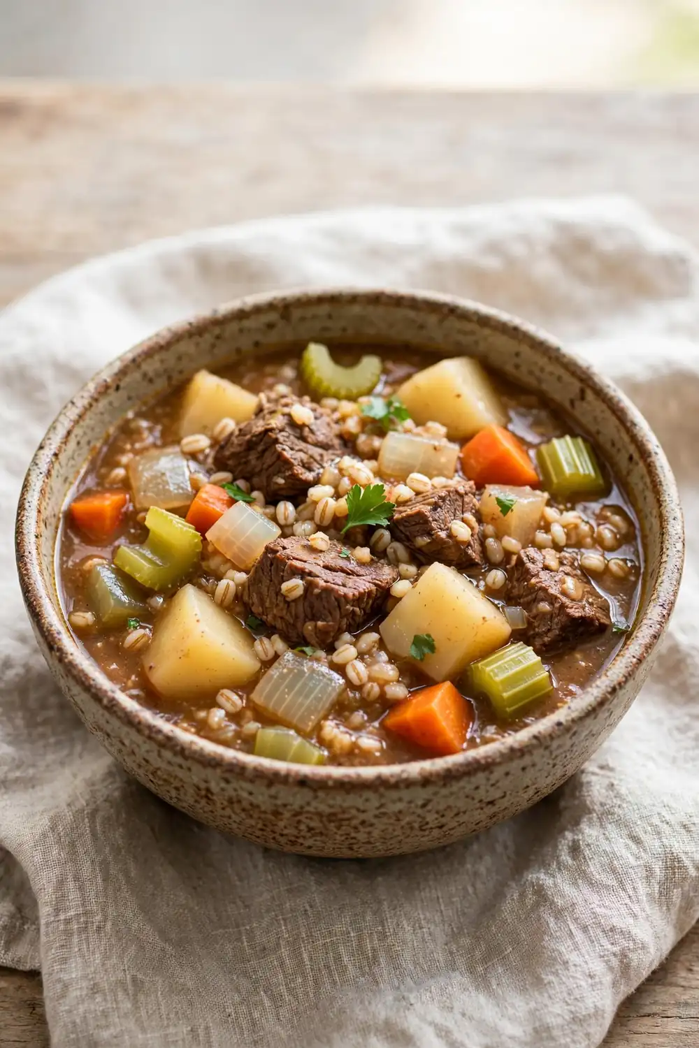 Chunky vegetable beef and barley soup in a bowl