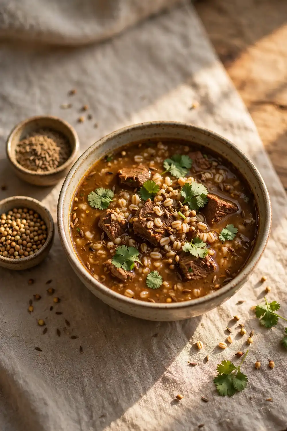 Spiced beef and barley soup with cumin and coriander