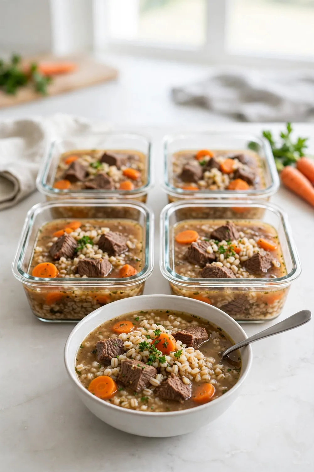 Freezer friendly beef and barley soup in containers