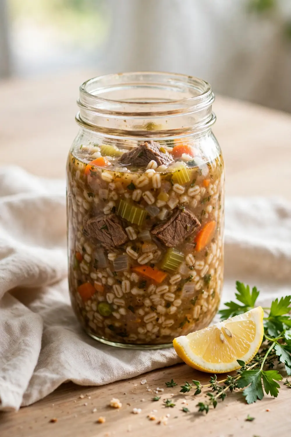 Leftover beef and barley soup reheated for lunch