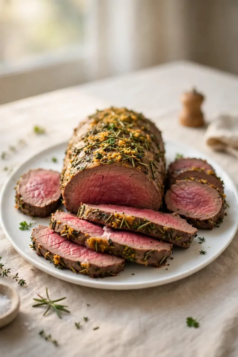 Herb crusted sliced tenderloin on a white platter
