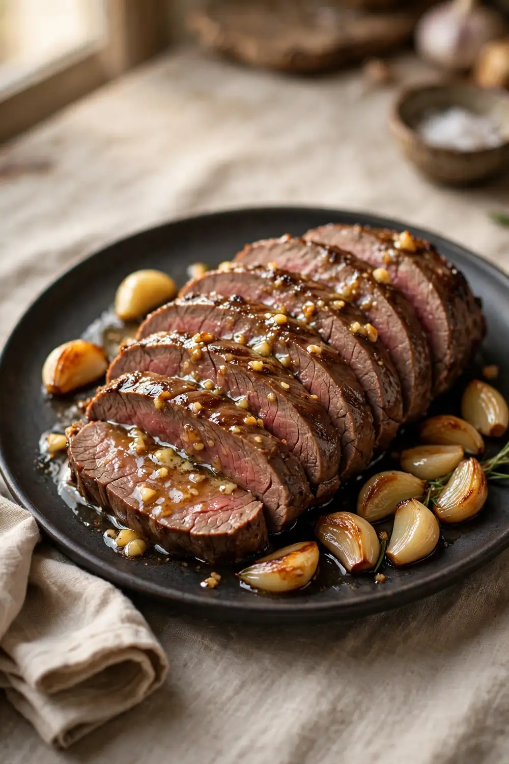 Garlic butter basted tenderloin slices with roasted garlic