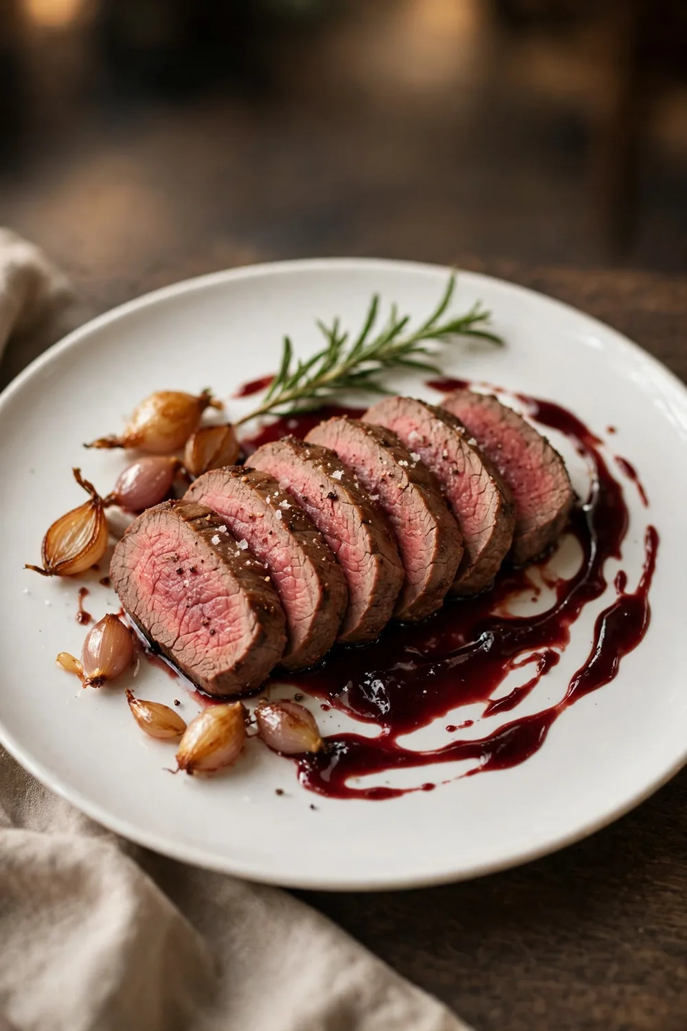 Tenderloin slices with red wine reduction and shallots