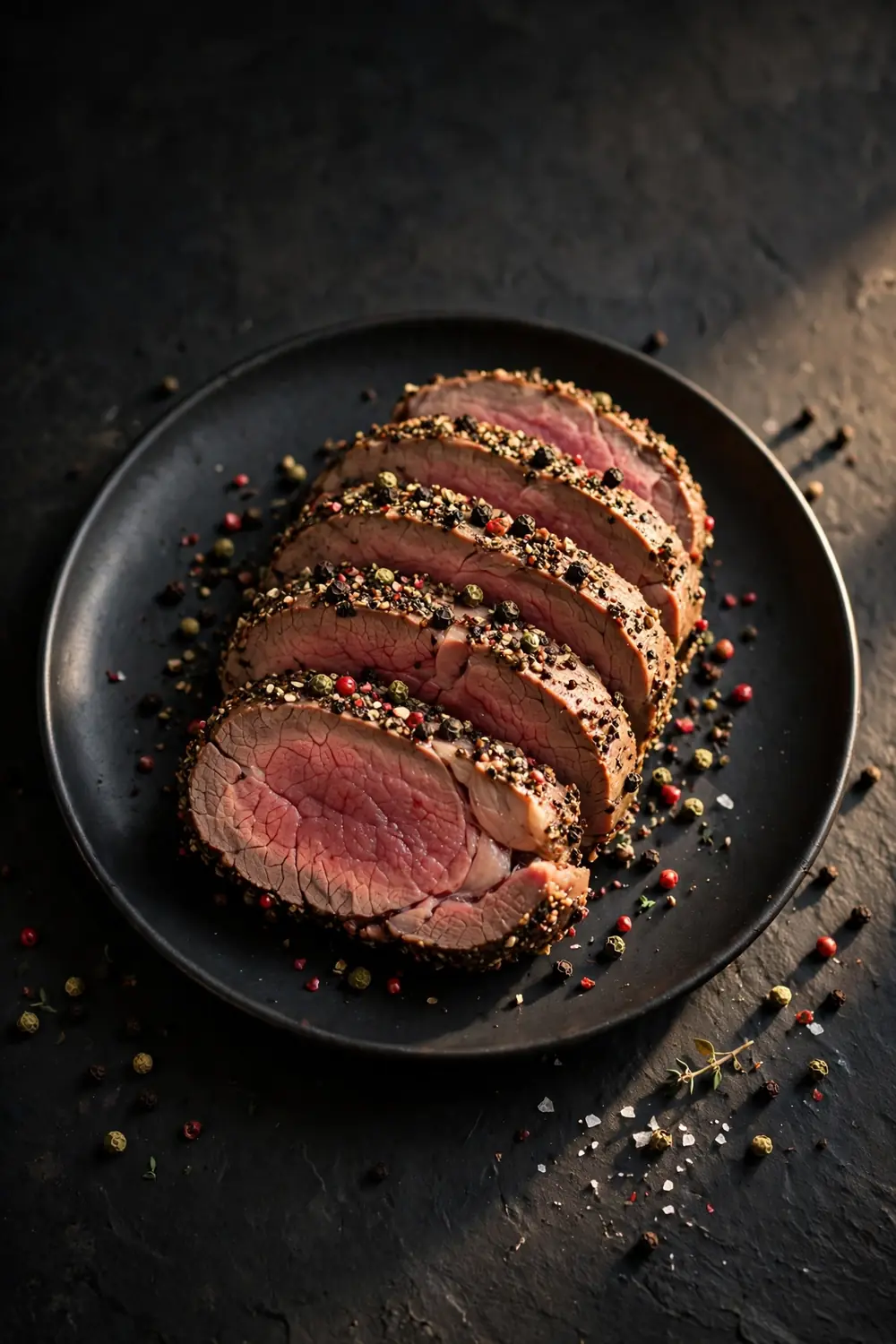Peppercorn crusted tenderloin slices on a dark plate