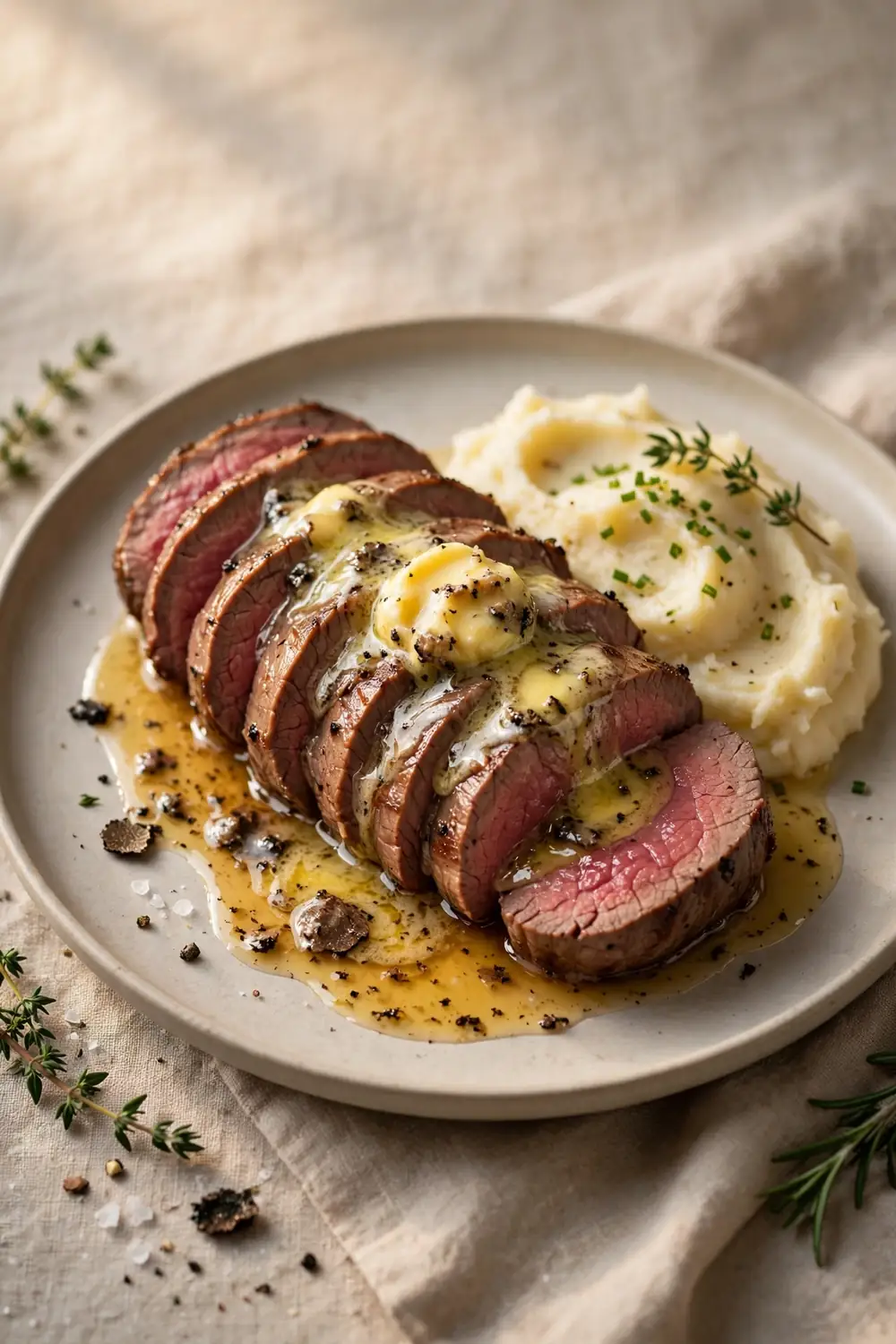 Tenderloin slices with melting truffle butter and potatoes