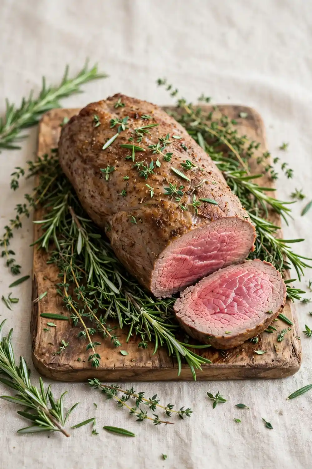 Whole tenderloin resting on rosemary and thyme