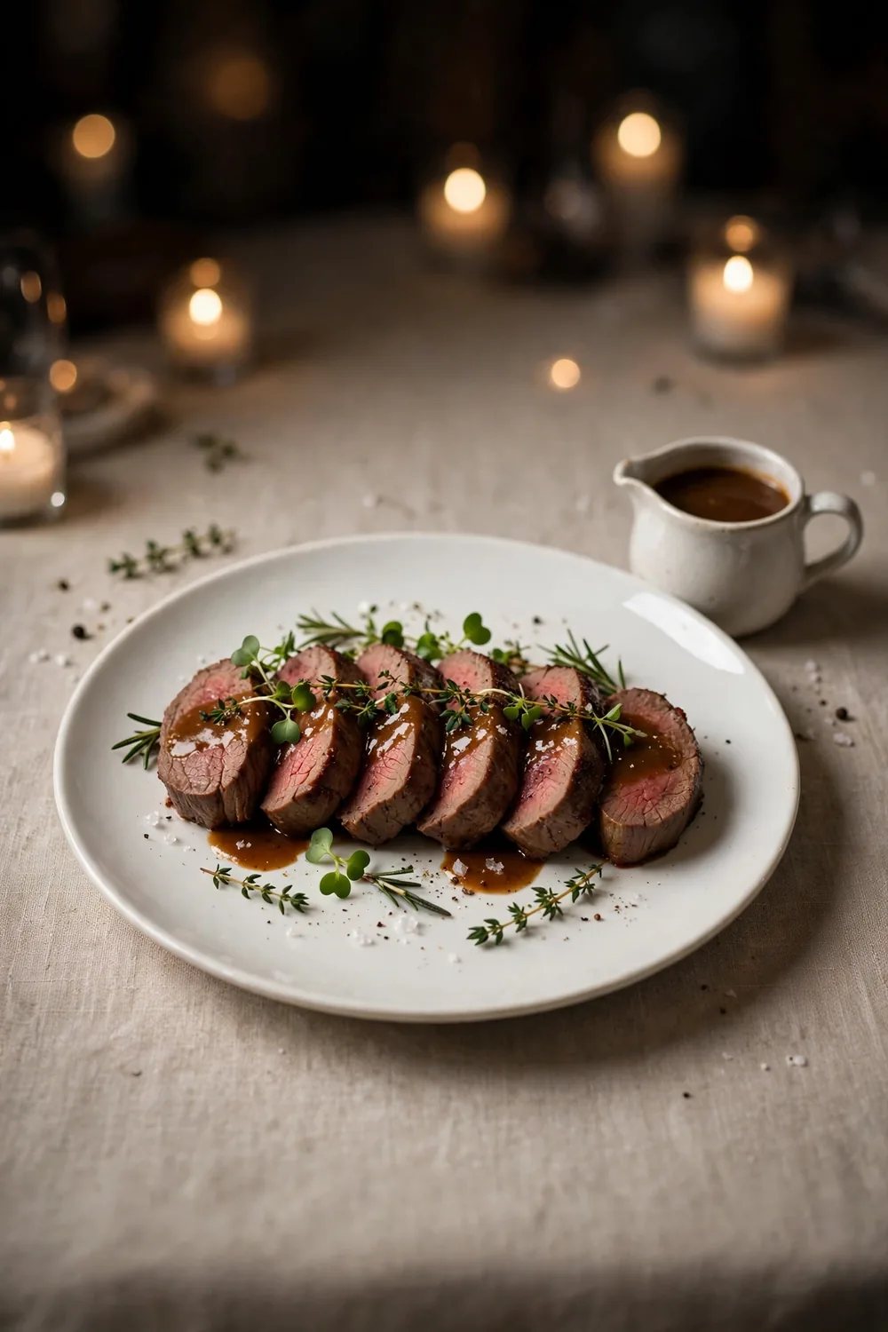 Tenderloin medallions with sauce jug in chateaubriand style