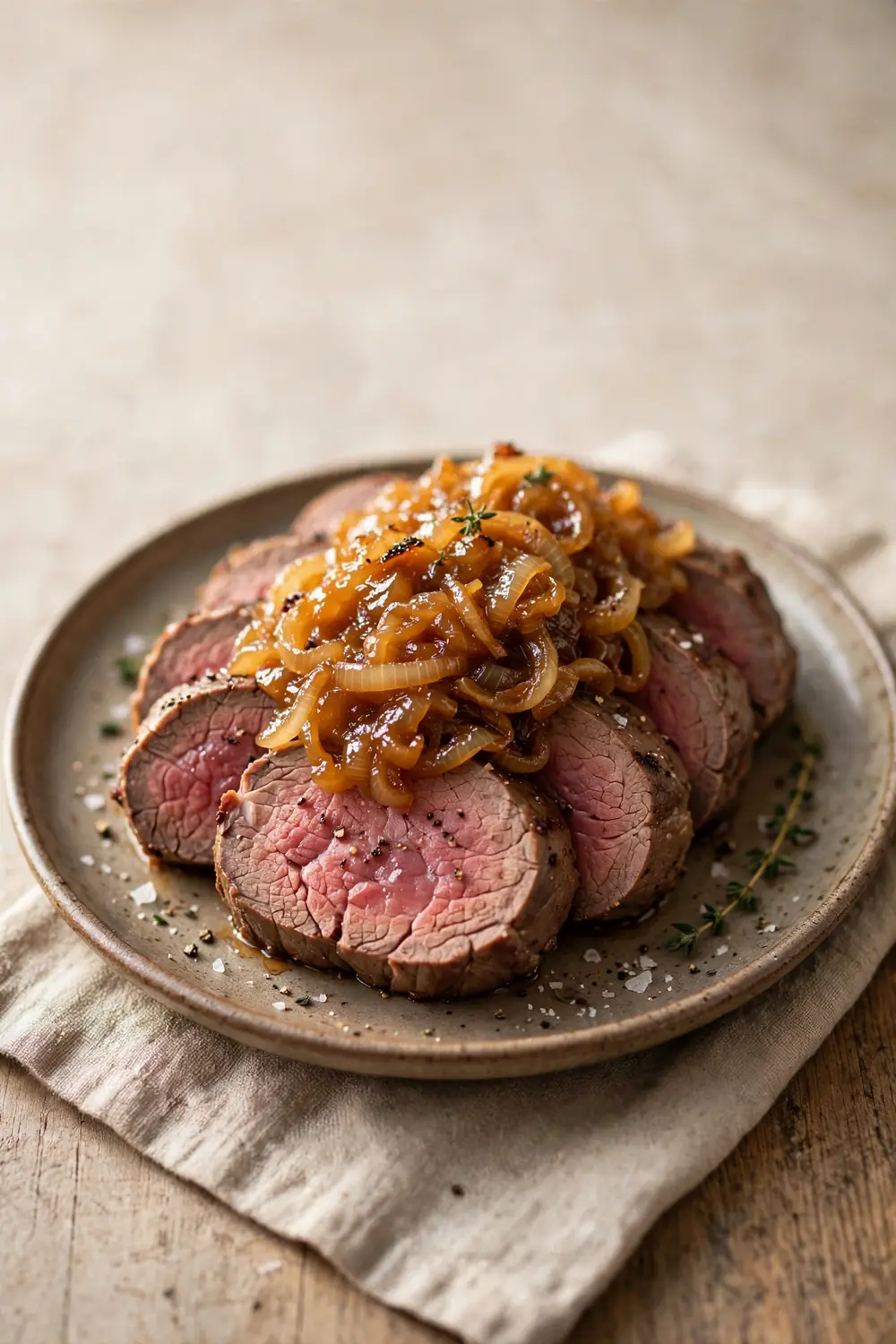 Tenderloin slices topped with caramelized onions
