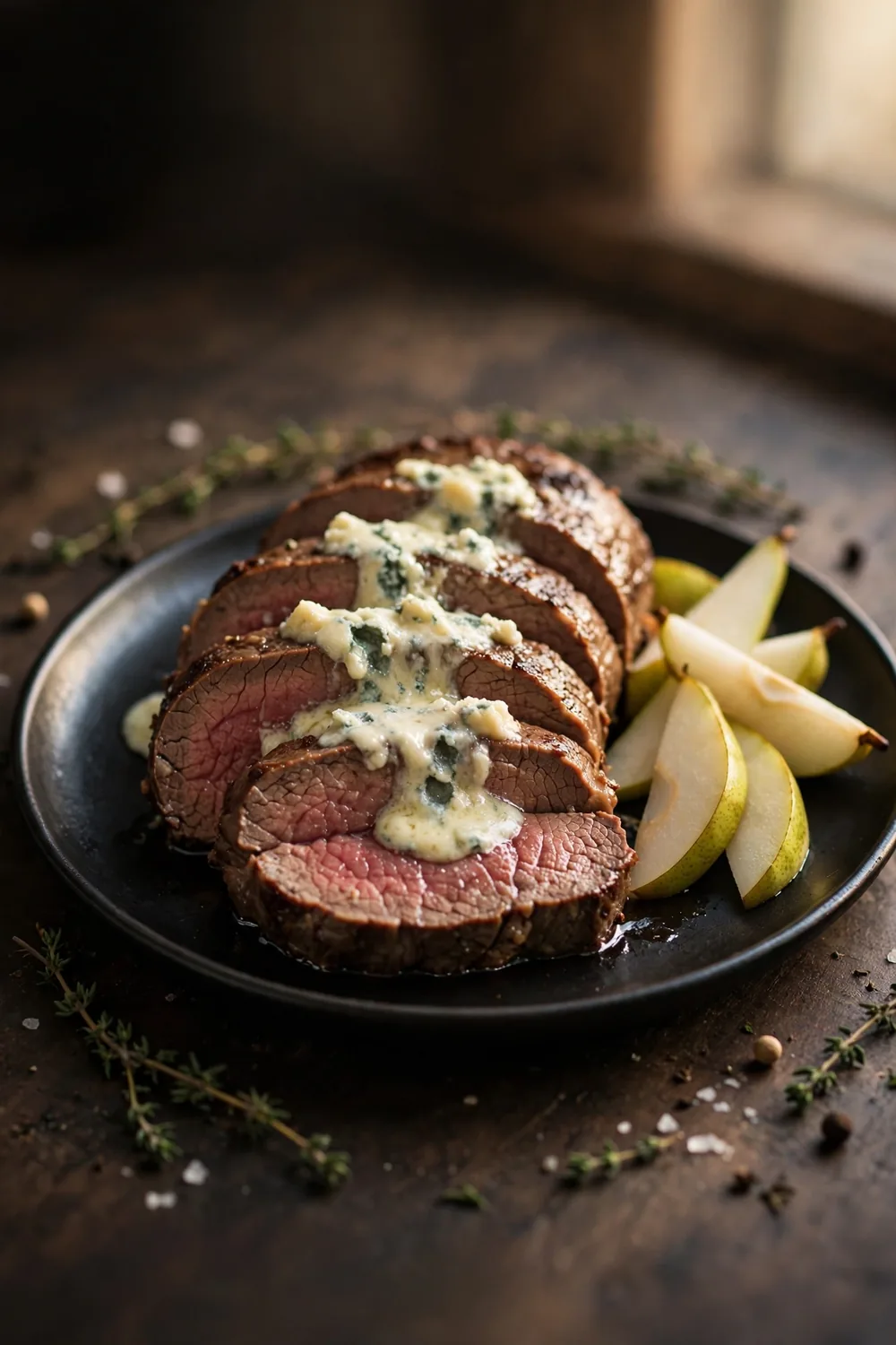 Tenderloin slices with blue cheese crumble and pears
