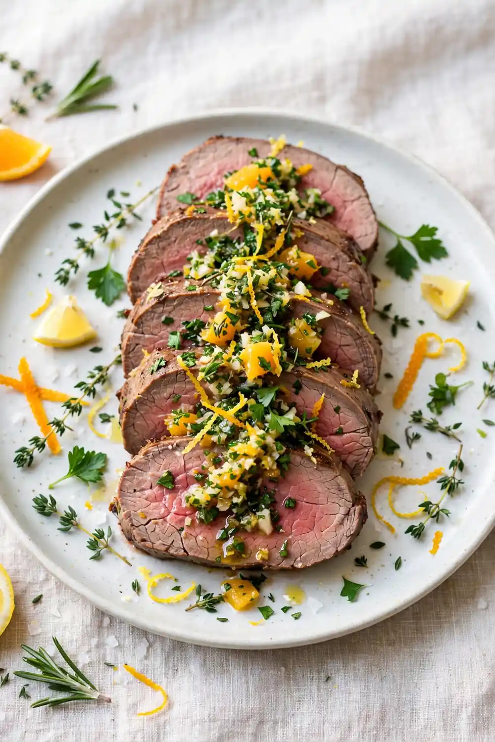 Tenderloin slices with citrus gremolata and lemon zest