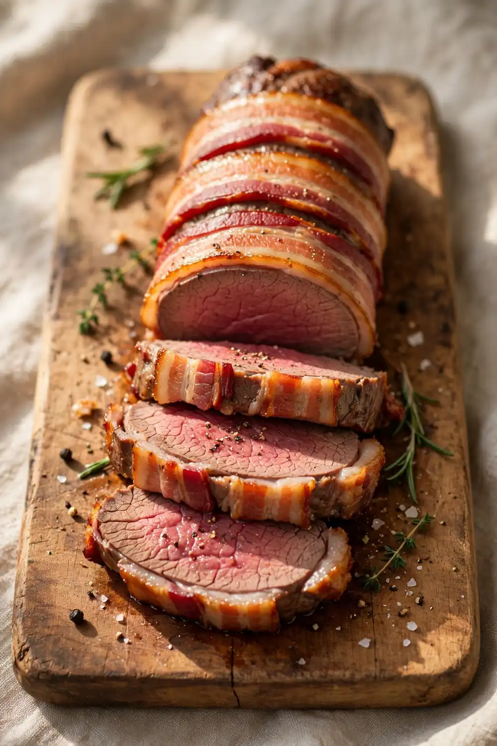Bacon wrapped tenderloin sliced on a wooden board