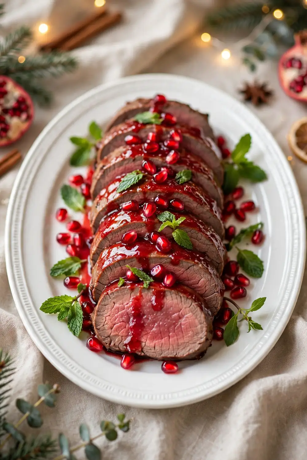 Tenderloin slices with pomegranate glaze and mint