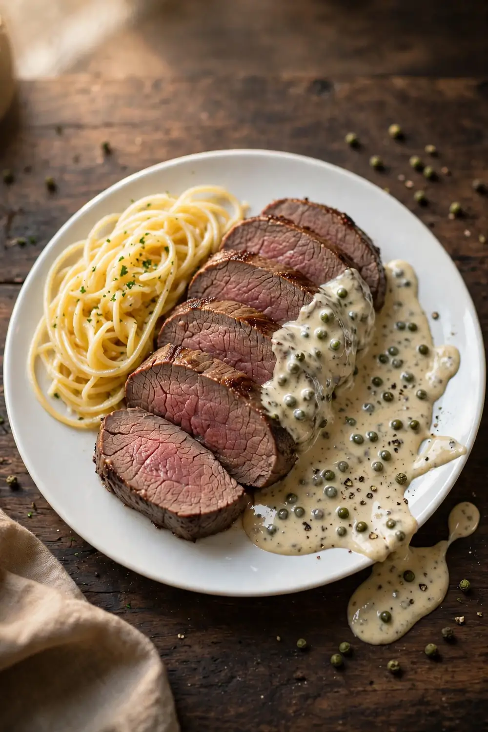 Tenderloin slices with creamy peppercorn sauce and noodles