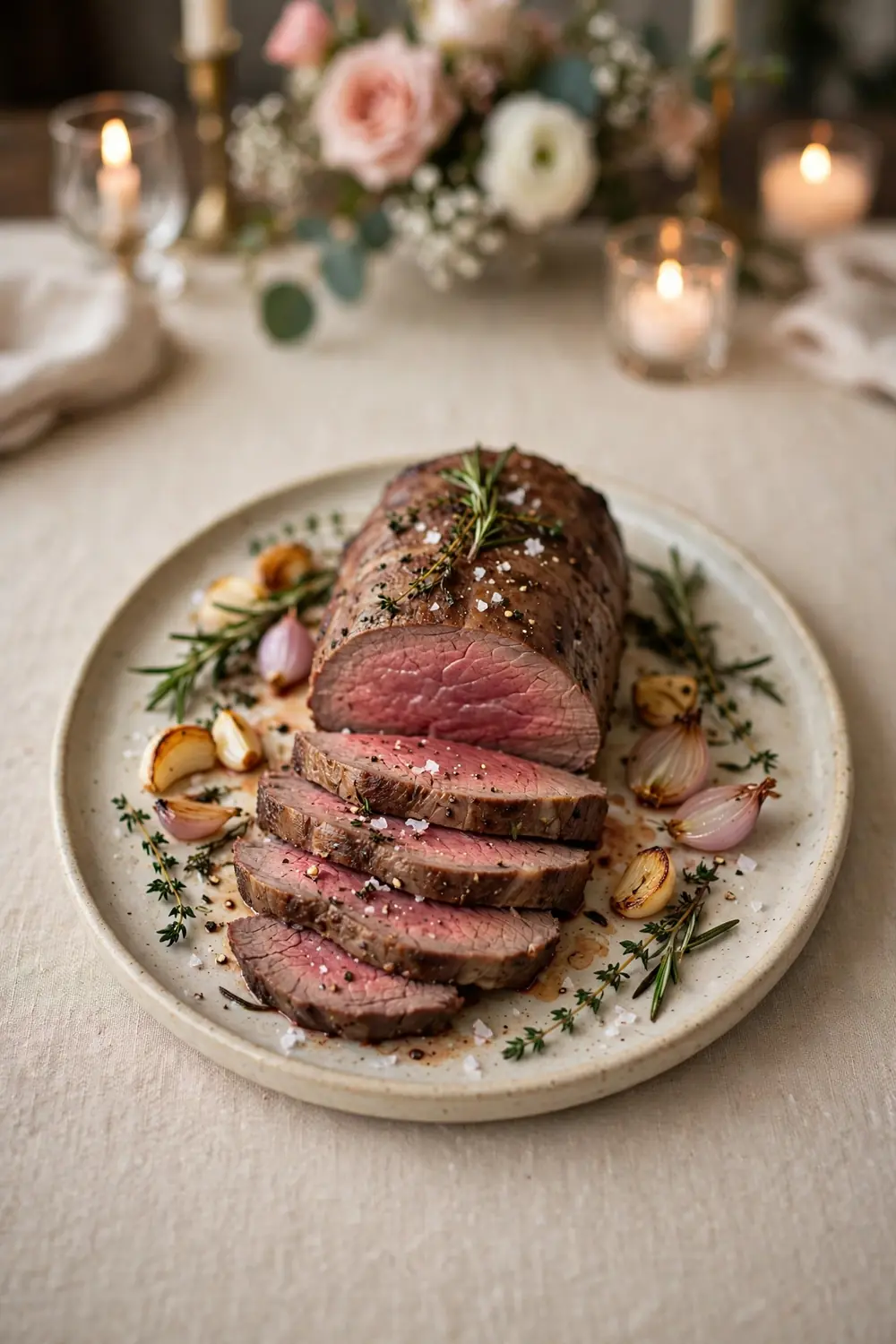 Whole tenderloin centerpiece on an anniversary table