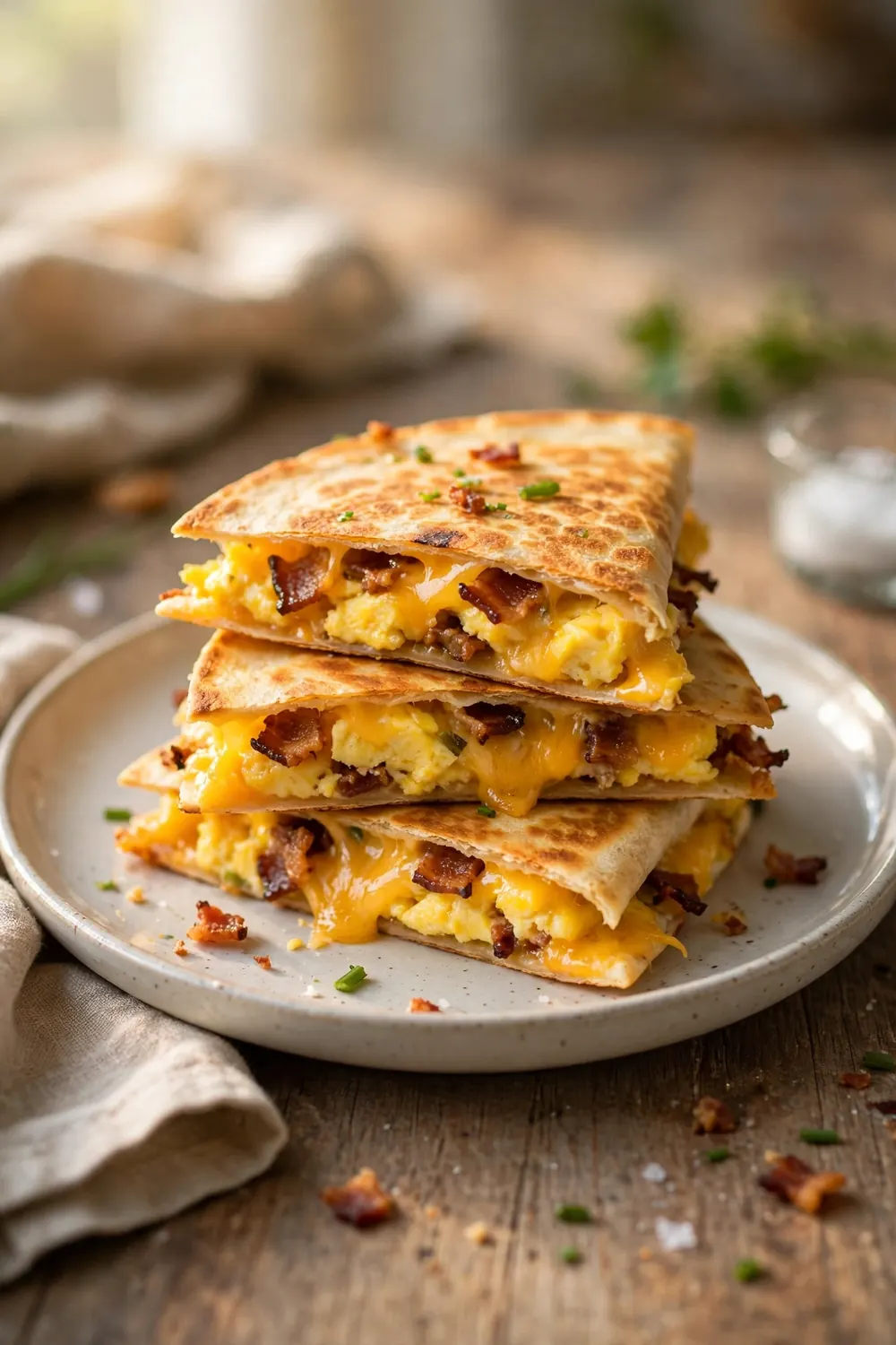 Bacon egg cheddar quesadilla wedges