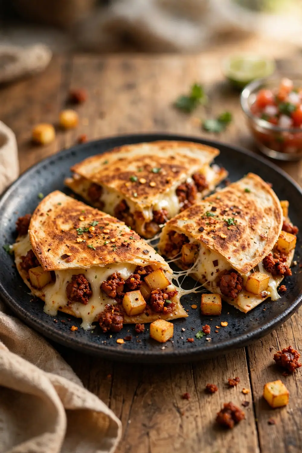 Chorizo potato crunch quesadilla wedges