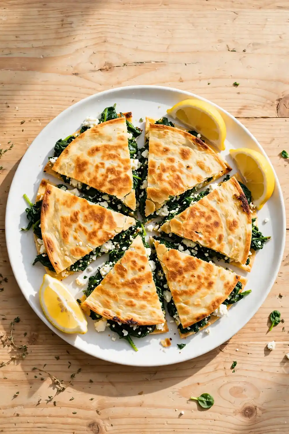 Spinach feta fold quesadilla wedges