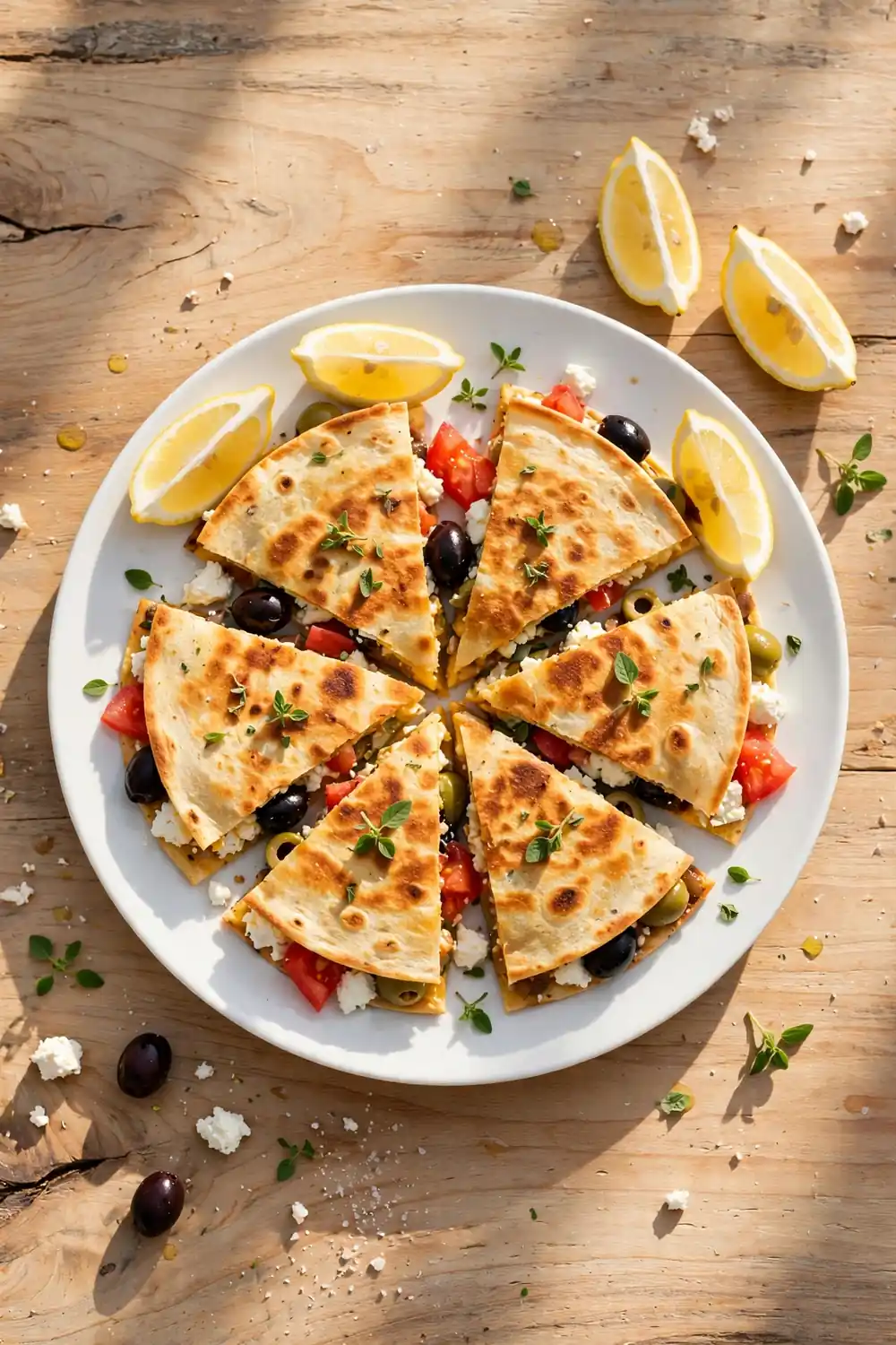 Mediterranean olive feta quesadilla wedges