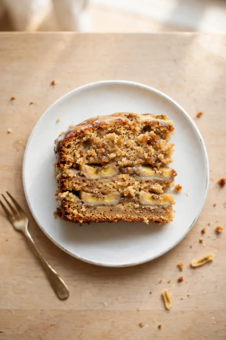 Moist banana layer cake slice with browned butter glaze and golden crumb on a white plate
