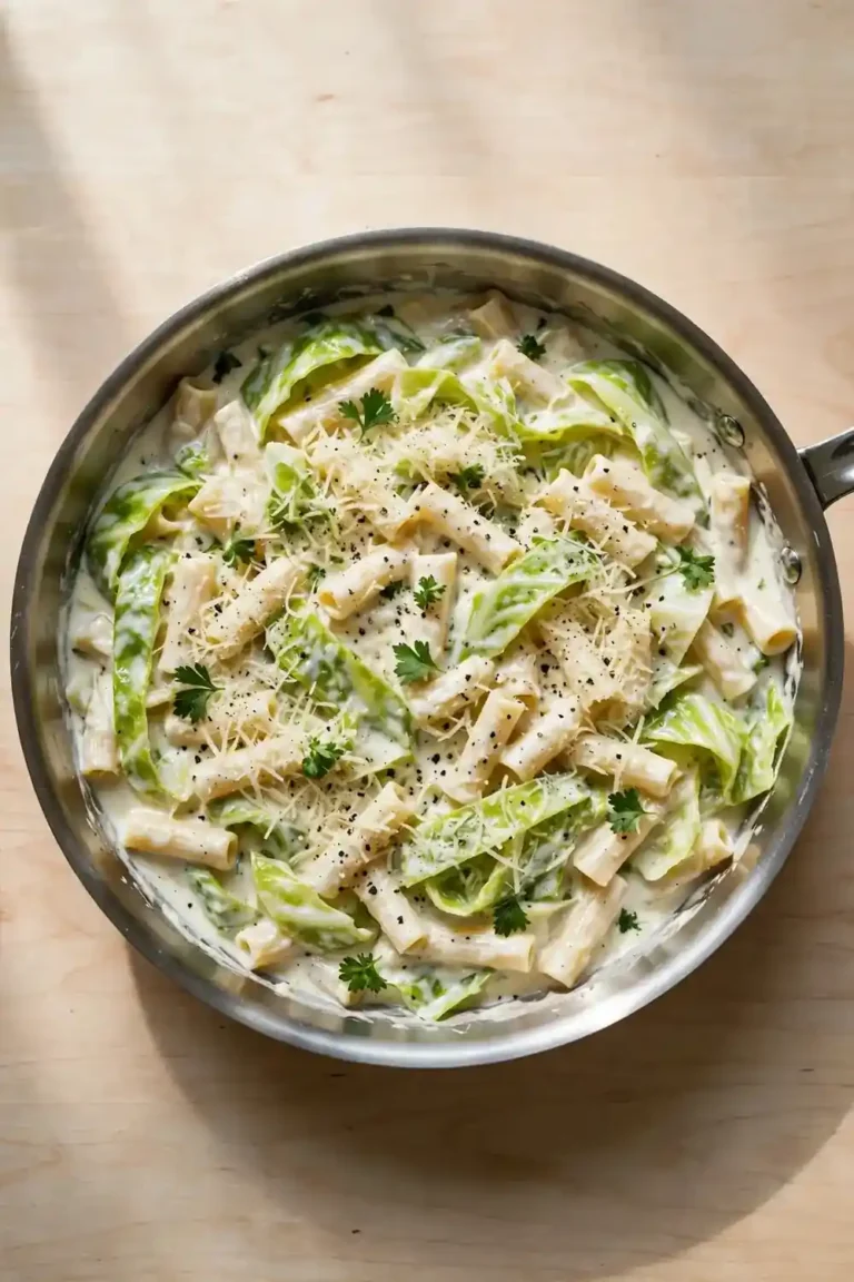 Creamy cabbage pasta in a stainless steel skillet