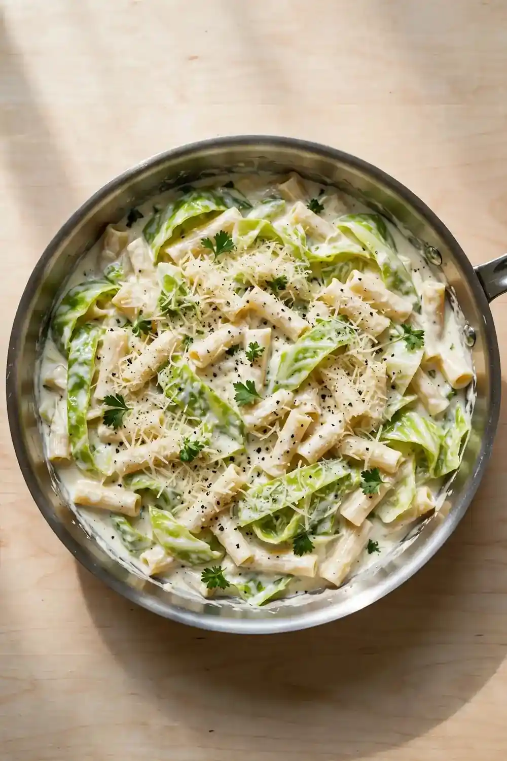 Creamy cabbage pasta in a stainless steel skillet