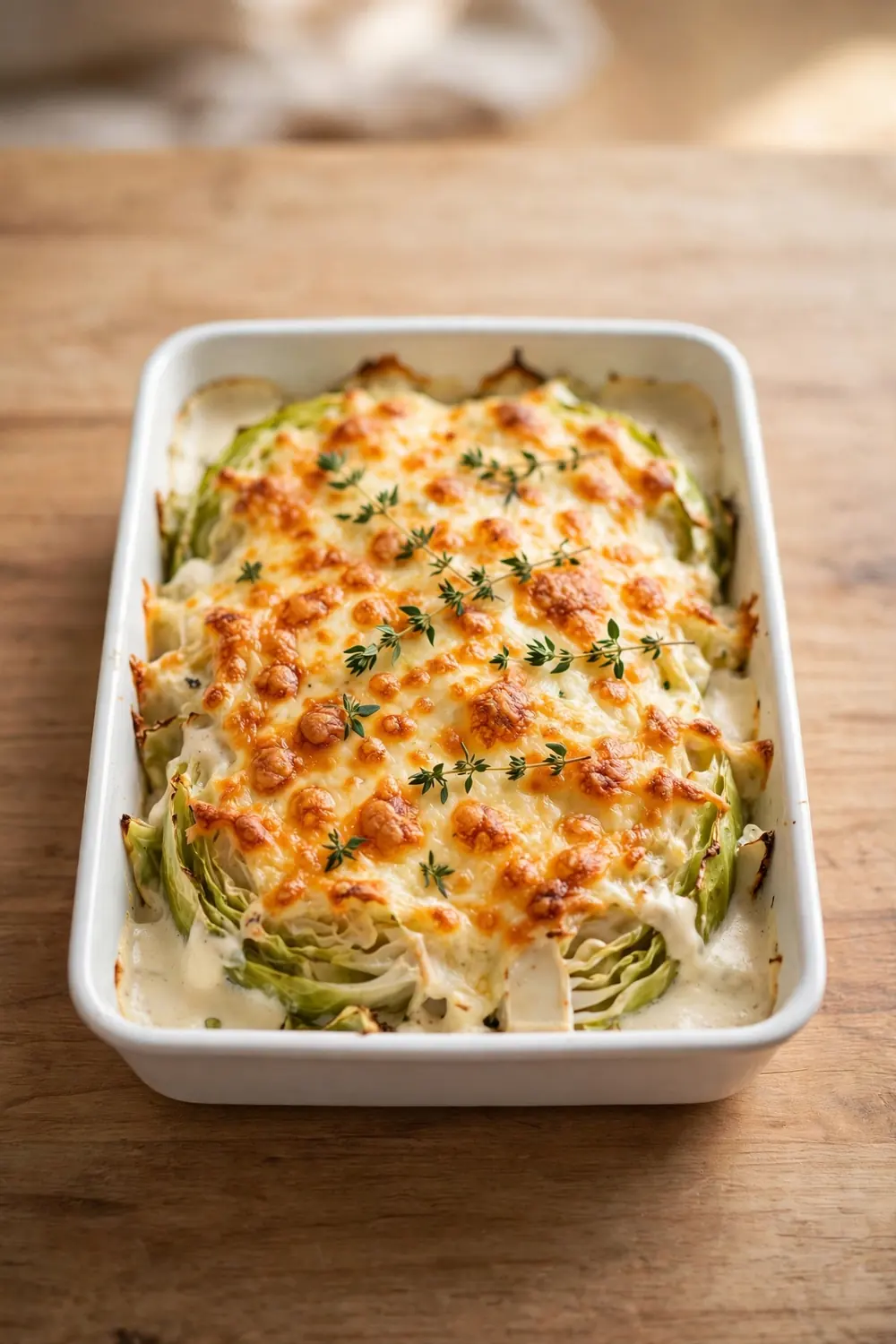 Cheesy baked cabbage casserole in a white ceramic baking dish
