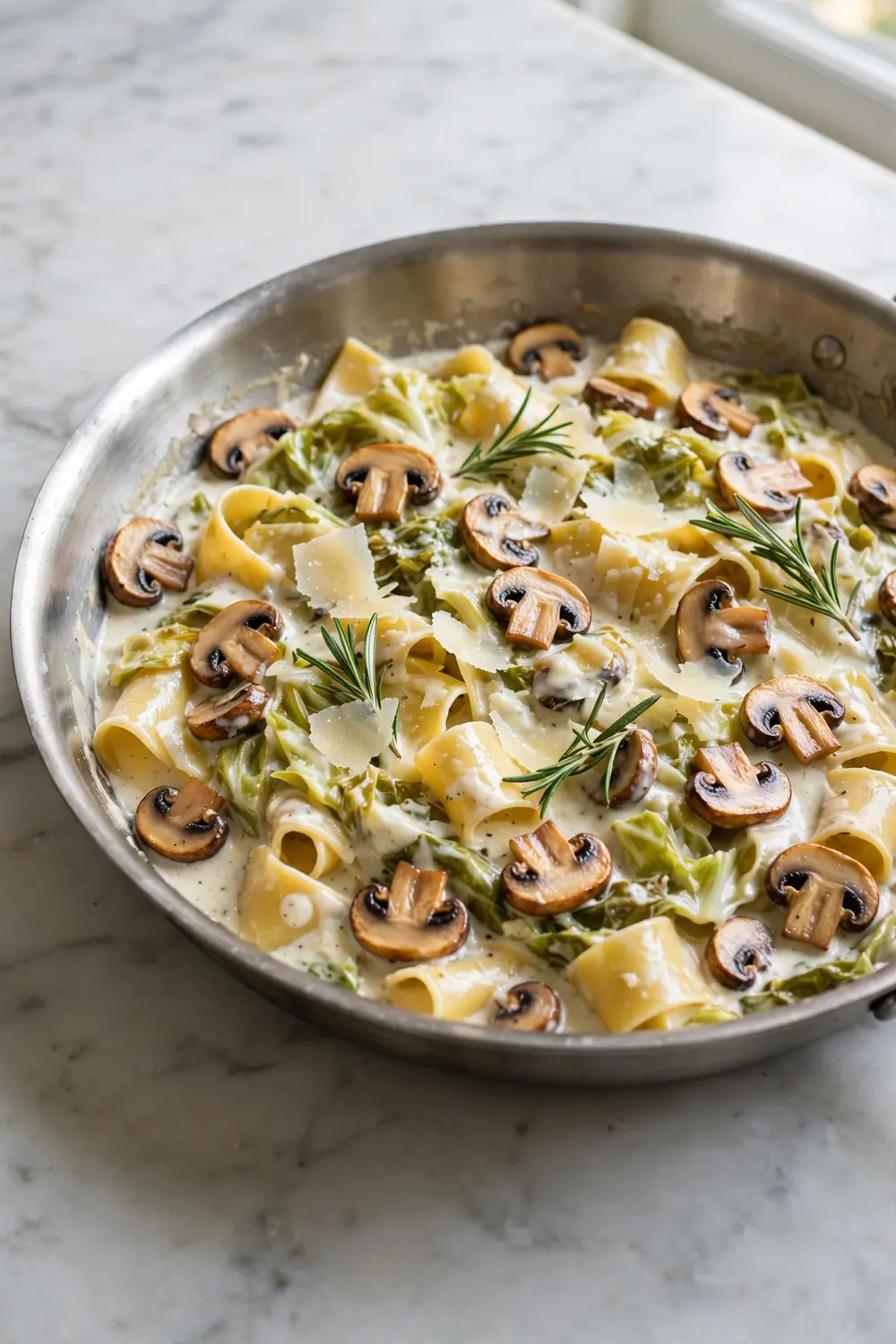 Mushroom parmesan cabbage pasta in a steel pan