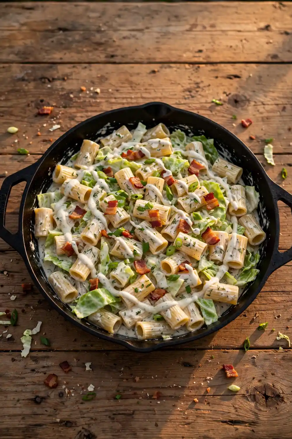 Bacon ranch cabbage pasta in a black skillet
