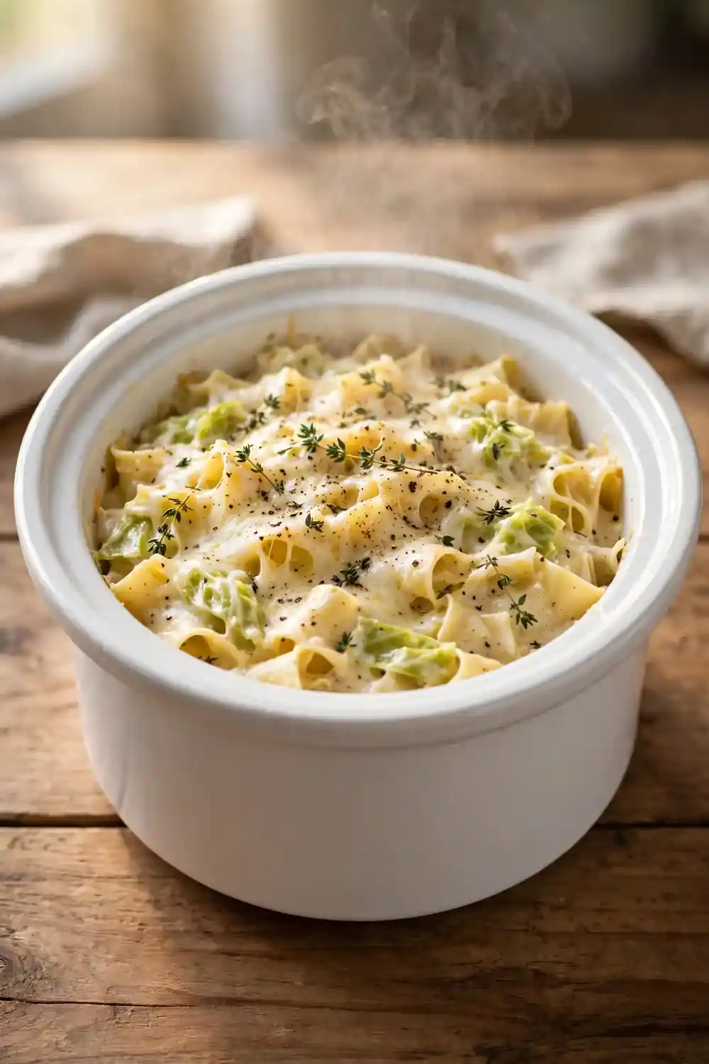 Slow cooker creamy cabbage pasta in a white ceramic crock