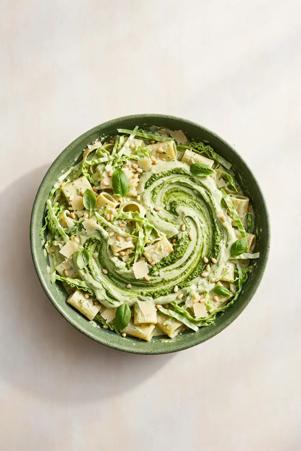 Pesto cream cabbage pasta in a green ceramic pan