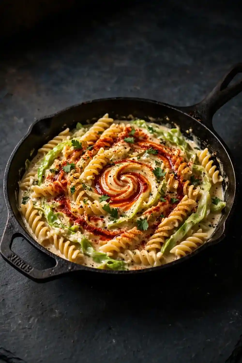 Smoky paprika cabbage pasta in a cast iron skillet
