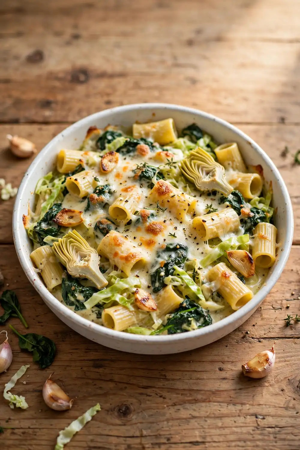 Spinach artichoke cabbage pasta in a white baking dish