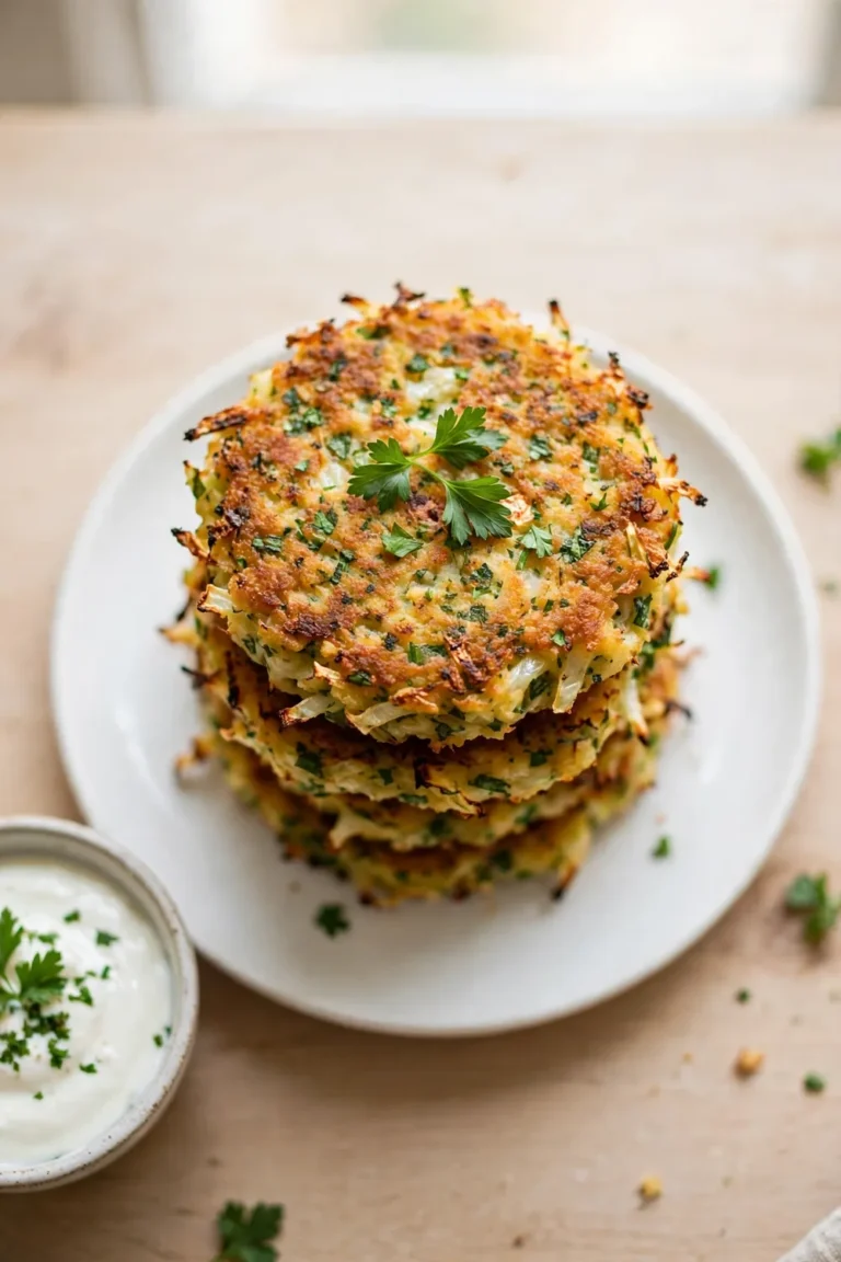 Golden cabbage fritter patties stacked on a white plate with yogurt dip